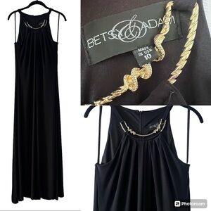 EUC Betsy & Adam Black Maxi Dress with Embellished Faux Gold Collar size 10